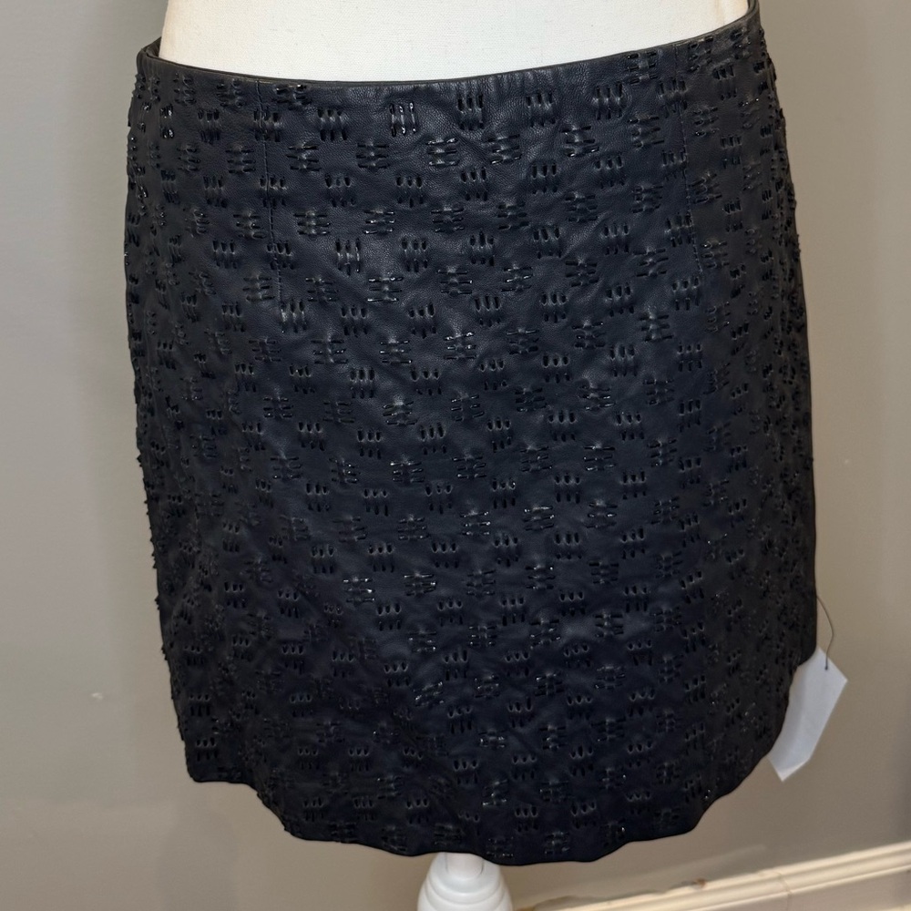 NWT Andrew Marc x Richard Chai Navy Leather Mini Skirt with Black Beaded Design